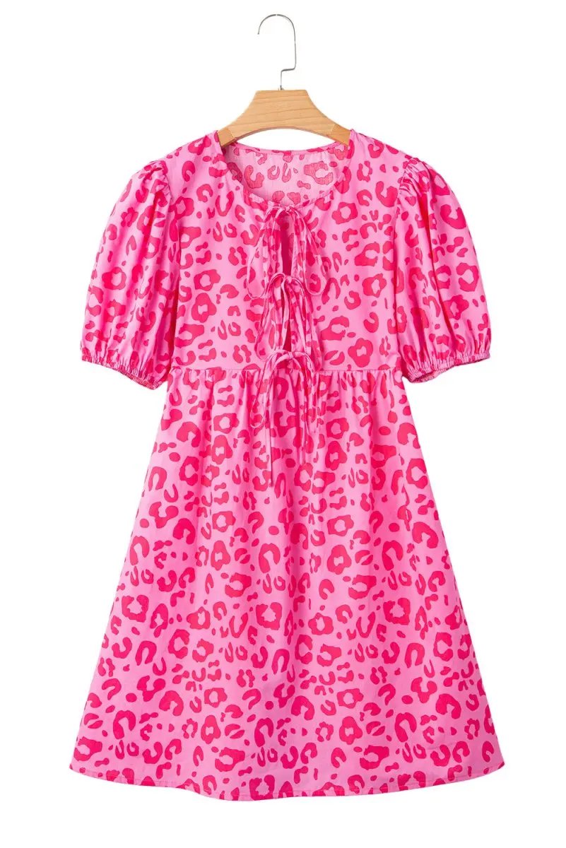 Rose Leopard Puff Sleeve Tie Front High Waist Mini Dress - Love Salve